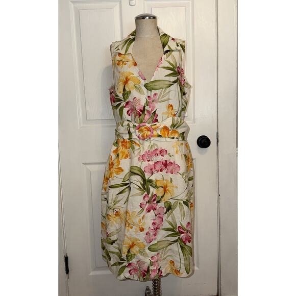 Tommy Bahama Women’s Linen Wrap Dress Size 14 Belted Tropical Print Orchid - Picture 1 of 8